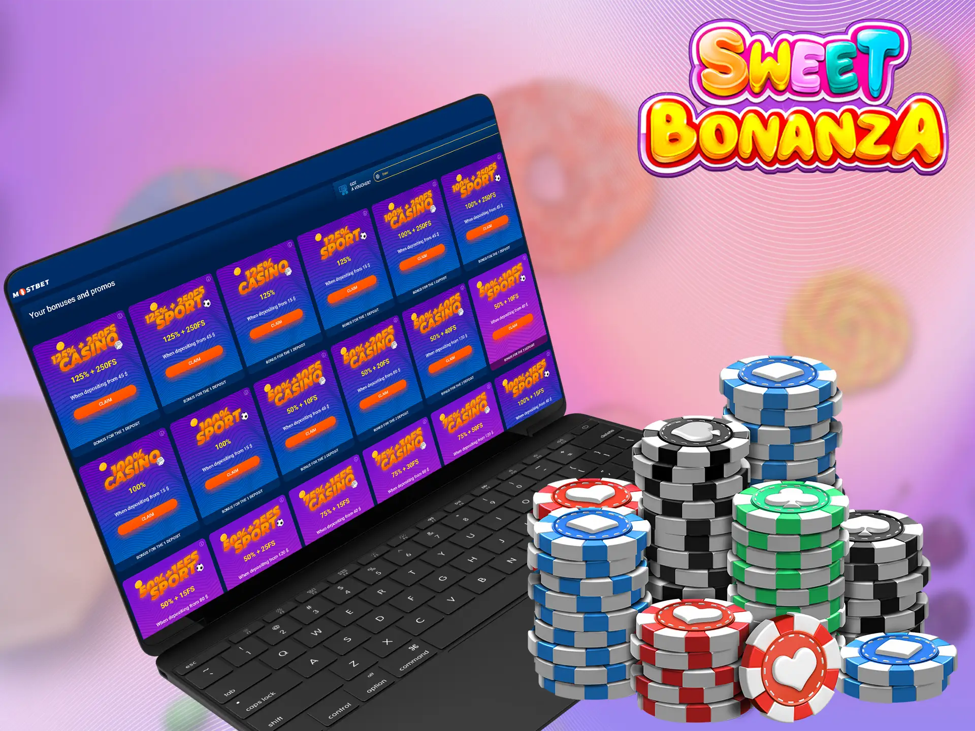 Sweet Bonanza bonuses for newcomers to the Mostbet casino.