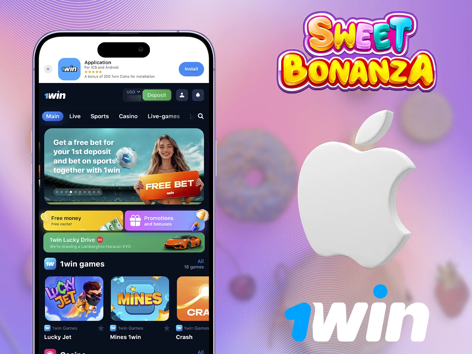 What you need to do to install the 1Win app for iOS and begin playing Sweet Bonanza.