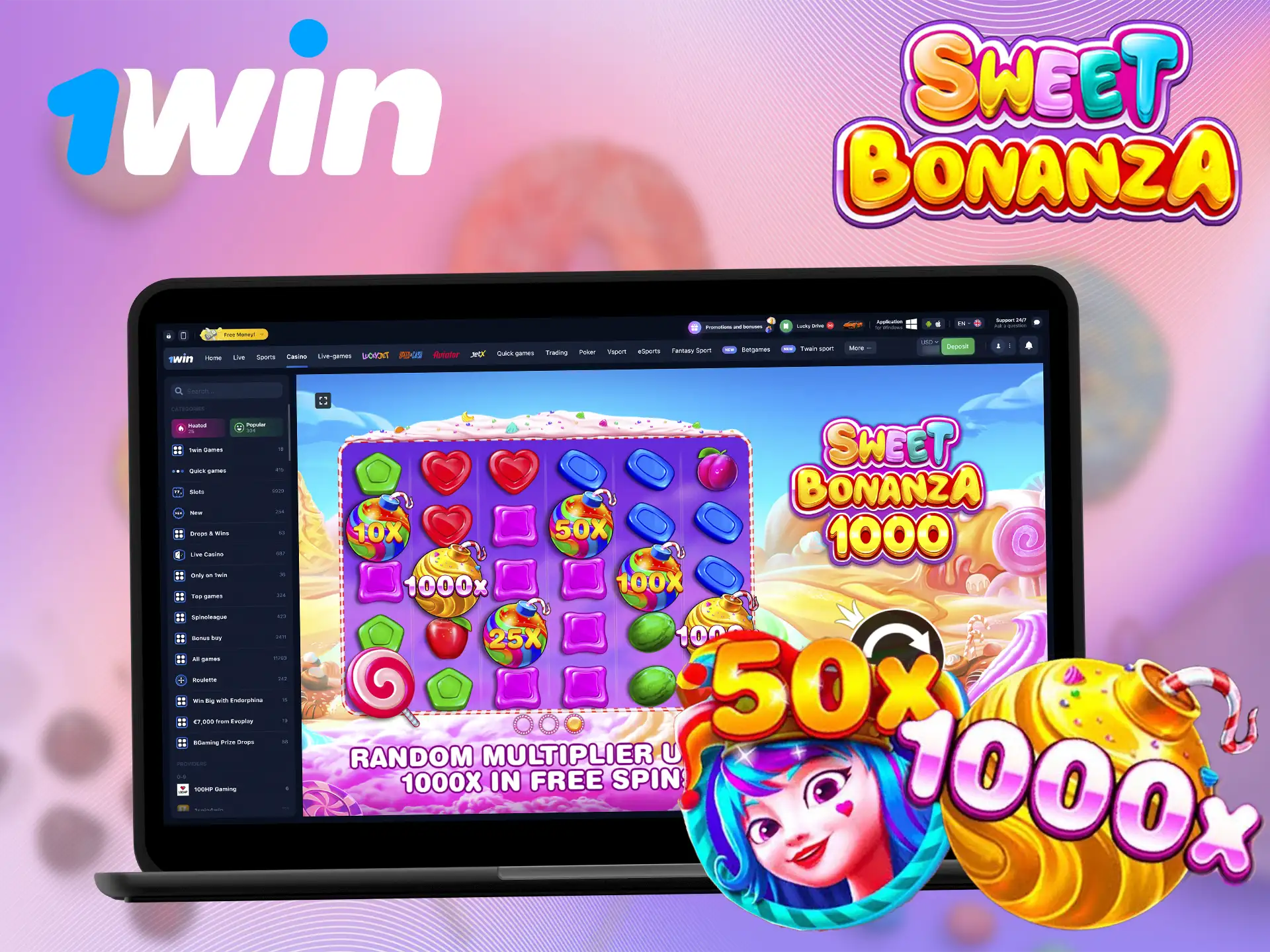 1Win features several versions of Sweet Bonanza, each with different themes.