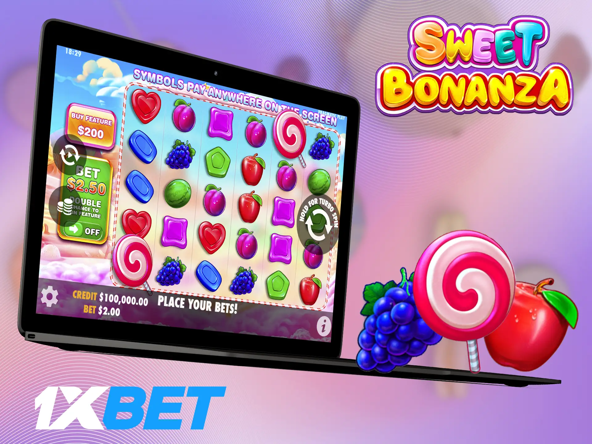 Gameplay and symbols in the Sweet Bonanza at 1xBet.