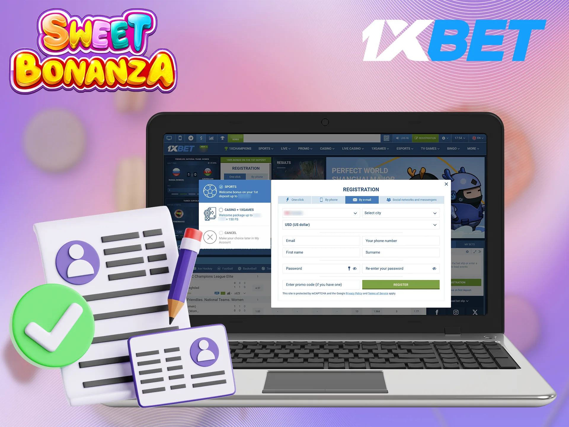 Here is a simple guide to register at 1xBet and play Sweet Bonanza.