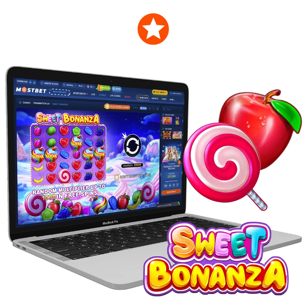 Play colorful Sweet Bonanza game with Mostbet casino.